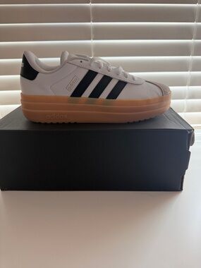 adidas White Sneakers with Black Stripes and Gum Platform
